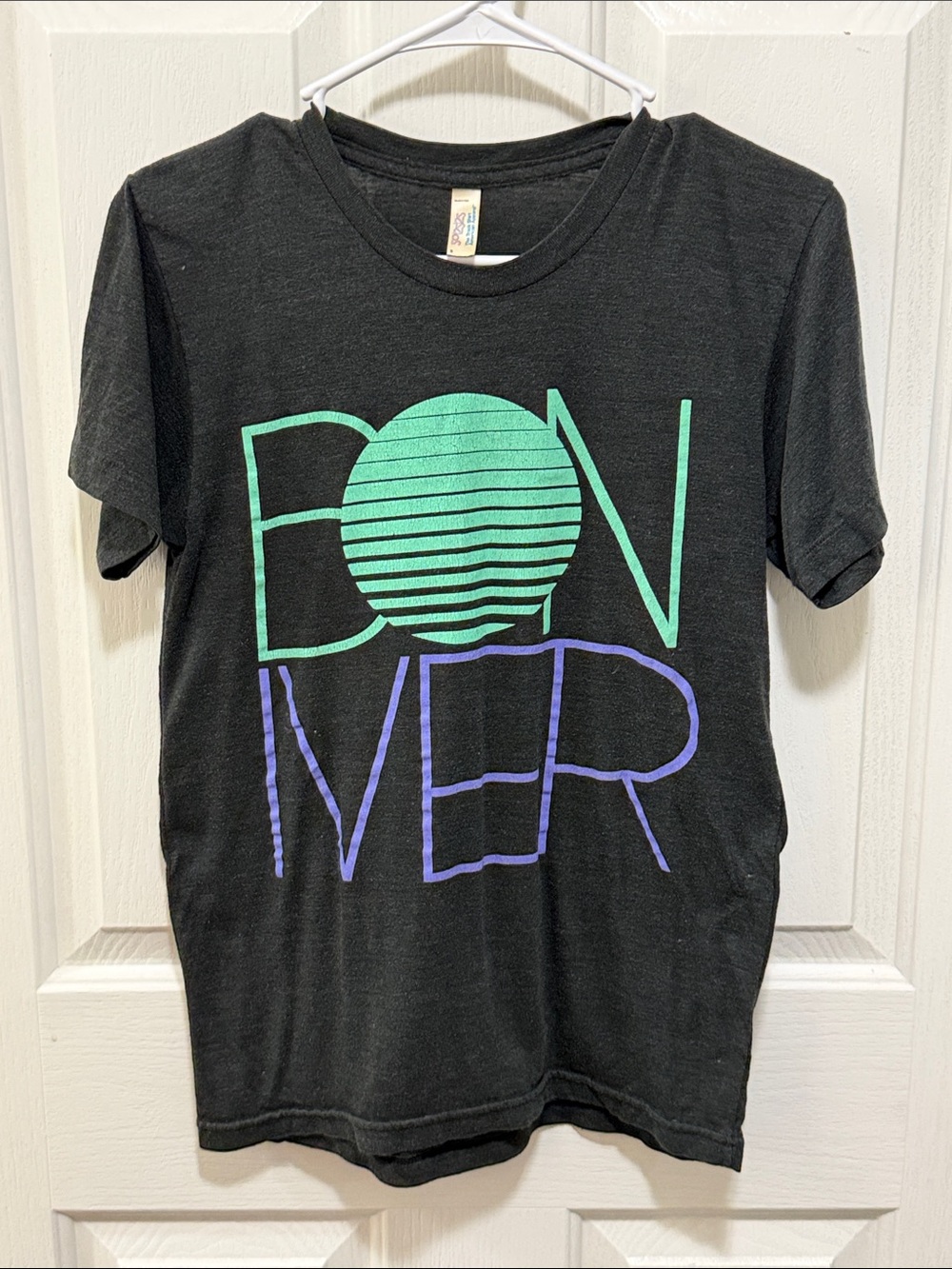 American Apparel Black Tee with Mint Green and Purple Bon Iver Text